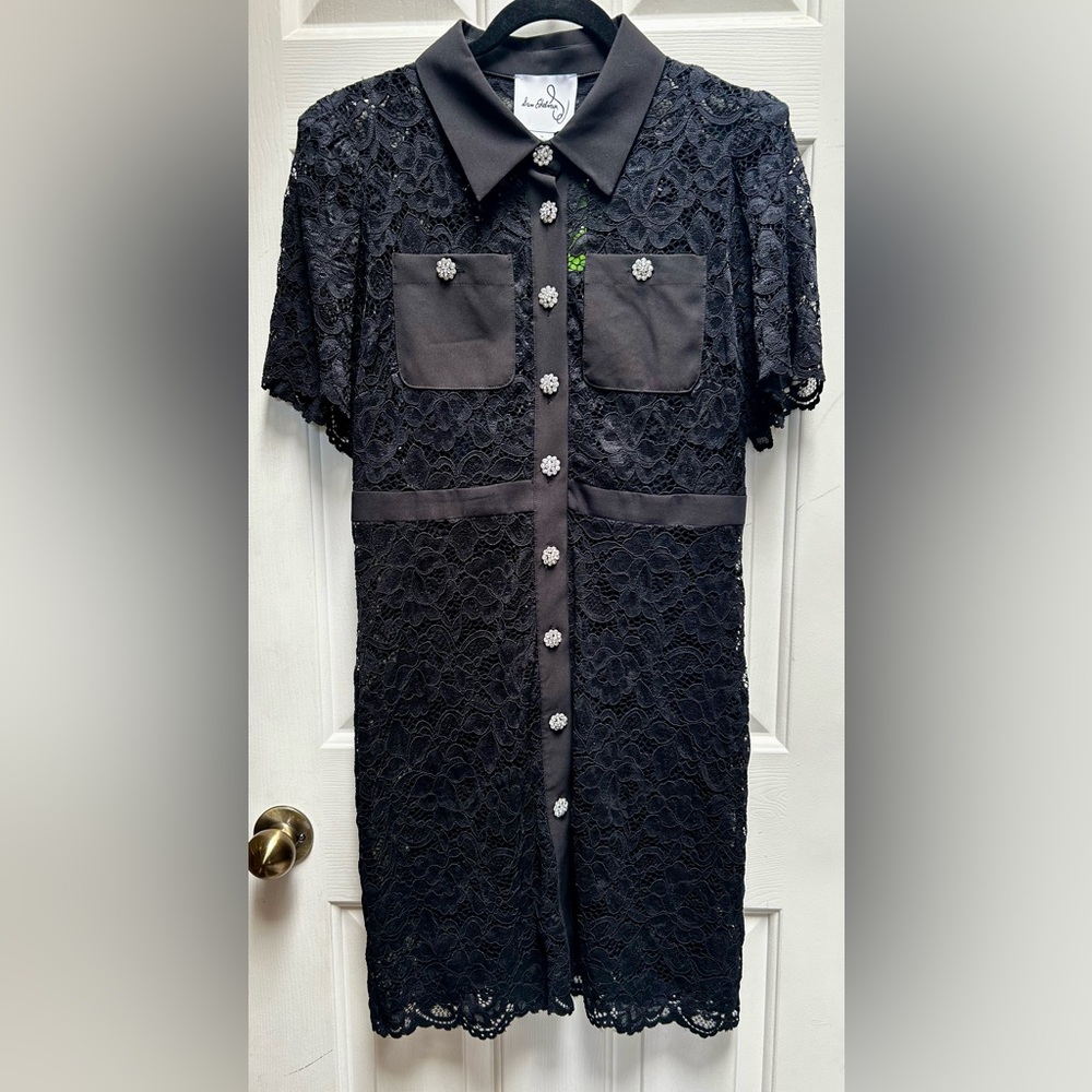NWT SAM EDELMAN Black Lace Button up Shirt Dress Size 10 Jewel buttons